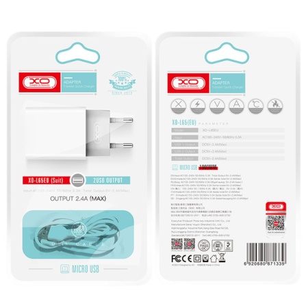 Incarcator retea XO L65 cu 2xUSB-A 2.4A + cablu MicroUSB, Quick Charge 3.0, alb
