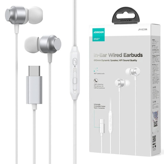 Joyroom JR-EC06 - Casti cu Fir, In Ear, Type-C, 1.2m, Mic & Volume Key, HiFi, Argintiu