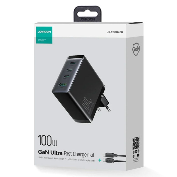 Joyroom JR-TCG04EU - Incarcator Retea + Cablu Type-C, Gan, 100W, 5V, 3xType-C, 1xUSB, PD, QC 3.0, Negru