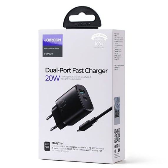 Joyroom L-QP2011 - Incarcator Retea + Cablu USB-C, 20W, 2xUSB-C, PD, Negru