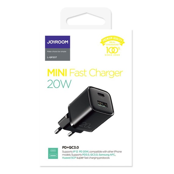 Joyroom L-QP207 - Incarcator Retea, 20W, 1xUSB-C, 1xUSB-A, PD, QC 3.0, Negru