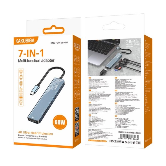 Kaku KSC-1413 - Hub USB-A, Date si Incarcare, USB-C la HDMI, SD Reader, 7 in 1, Gri