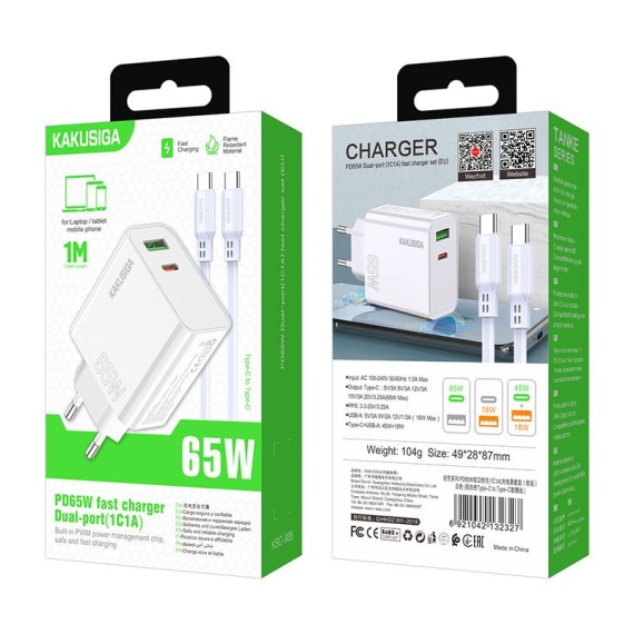 Kaku KSC-935 - Incarcator Retea + Cablu Type-C, 1m, PD65W, 1xType-C, 1xUSB, Alb