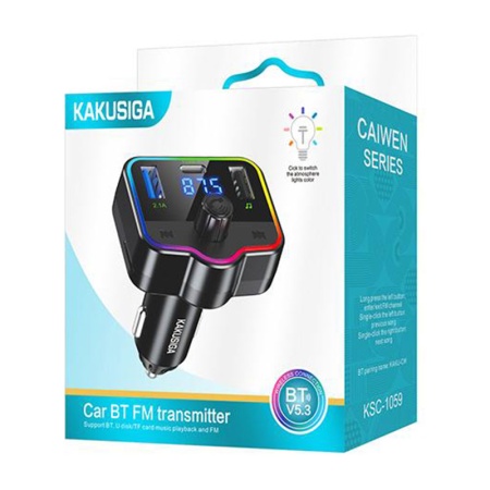Kakusiga KSC-1059 - Modulator FM Incarcator Auto 2.1A Type-C + 2xUSB LED RGB Negru