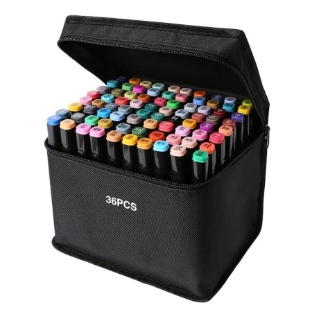 OEM 36PCS – Set markere permanente pe baza de alcool, dual tip (varf subtire + tesit), 36 culori, cu husa de depozitare