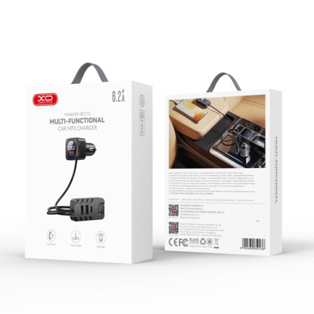 XO BCC13 – Modulator FM Bluetooth cu cablu extensibil 1.5m 2xUSB-C si 3xUSB-A, negru
