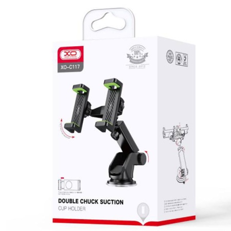XO C117 – Suport auto cu cleme laterale pentru bord/parbriz Dual Phone MultiAngle cu brat ajustabil, negru