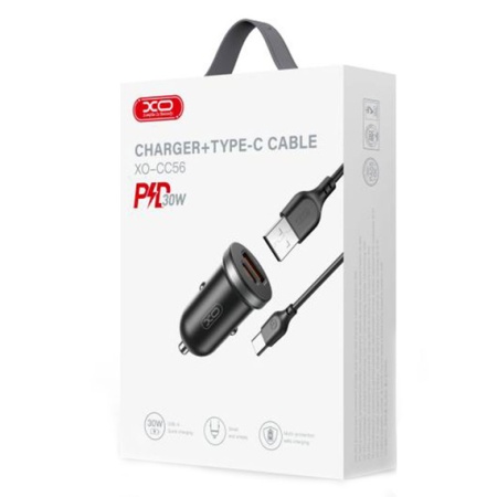 XO CC56 – Incarcator auto + cablu Type-C 30W Type-C USB PD QC 3.0 compact, negru
