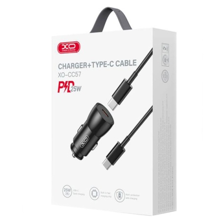 XO CC57 – Incarcator auto + cablu USB-C 25W USB-C PD metallic, negru