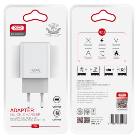 XO L85D - Incarcator Retea, 18W, 1xUSB-A, QC 3.0, alb