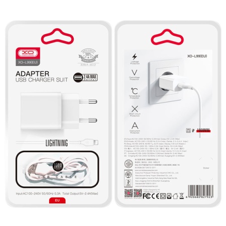 XO L99 – Incarcator retea + cablu LightningQC 3.0 cu 1xUSB-A 2.4A, alb