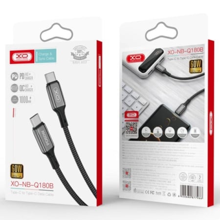 XO NB-Q180B - Cablu Date si Incarcare, Type-C, PD60W, QC3.0, Metall Braided, 1m, Negru Engors