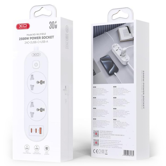 XO WL13 - Prelungitor Priza, PD30W, 2xUSB-C, 1xUSB-A, 2xSchuko 1.5m, Alb