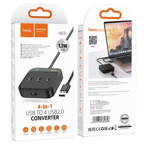 Hoco HB31 - Hub USB, Multiport, USB la 4 x USB 2.0, 4 in 1, 1.2m, Negru