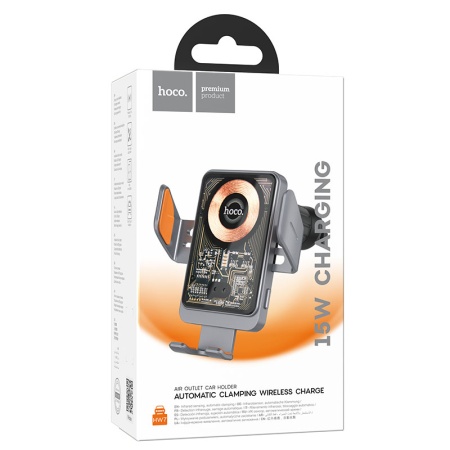 Hoco HW7 – Suport auto wireless 15W cu cleme laterale, AutoSensor Lock, montaj ventilatie, cablu Type-C 1m, gri/transparent