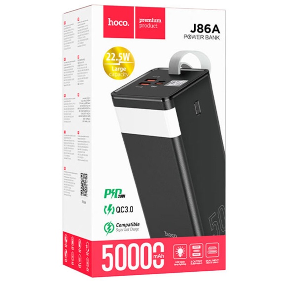 Hoco J86A - Baterie Externa 50000mAh, 1xUSB-C PD, 2xUSB-A QC 3.0, lampa LED, Negru