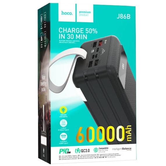 Hoco J86B - Baterie externa 60000mAh, 1xUSB-C PD, 4xUSB-A QC 3.0, lampa LED, Negru