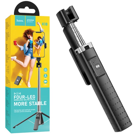 Hoco K18 - Suport Stand, tip Selfie, pentru telefon, 2 in 1, Telescopic, Inox, cu telecomanda BT, Negru
