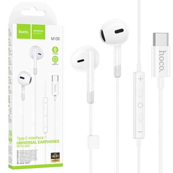 Hoco M109 - Casti cu Fir, In Ear, Type-C, 1.2m, Mic & Volume Key, HiFi, Alb