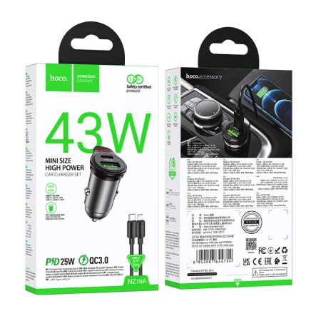 Hoco NZ16A – Incarcator auto PD43W cu 1xUSB-C + 1xUSB si cablu Lightning 1m, gri