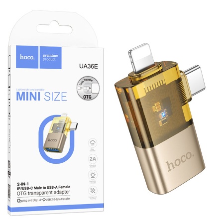 Hoco UA36E – Adaptor OTG transfer/incarcare Lightning/Type-C la USB 2A, auriu