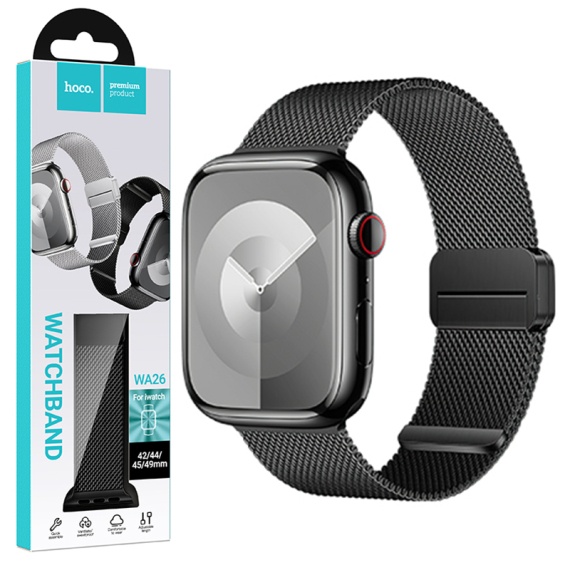 Hoco WA26 - Curea metalica, pentru iWatch, inchidere magnet, Universal Size - 42/44/45/49mm, Double Buckle, Milanese Style, Negru