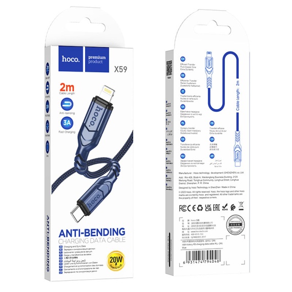 Hoco X59 - Cablu Date si Incarcare, Type-C la Lightning, PD20W, QC3.0, Braided, 2m, Albastru