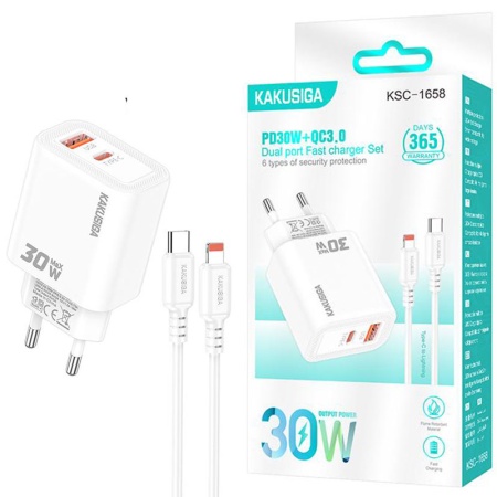 Incarcator retea + cablu KAKUSIGA KSC-1658, PD 30W + QC3.0, 1x USB, Lightning 1m, BLISTER, WHITE
