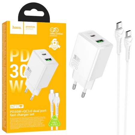 Incarcator Retea + Cablu Type-C 1m HOCO N71, PD30W+QC3.0, 1xUSB-C, 1xUSB, Fast, WHITE