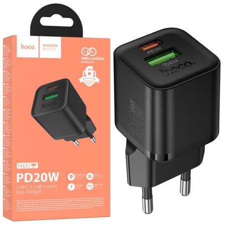 Incarcator Retea HOCO N65, PD20W+QC3.0, 1xUSB-C, 1xUSB, Fast, BLACK