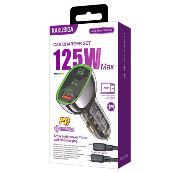 Kaku KSC-1057 - Incarcator Auto + Cablu USB-C, 125W, 2xUSB-C, 1xUSB-A-A, PD, QC 3.0, Negru