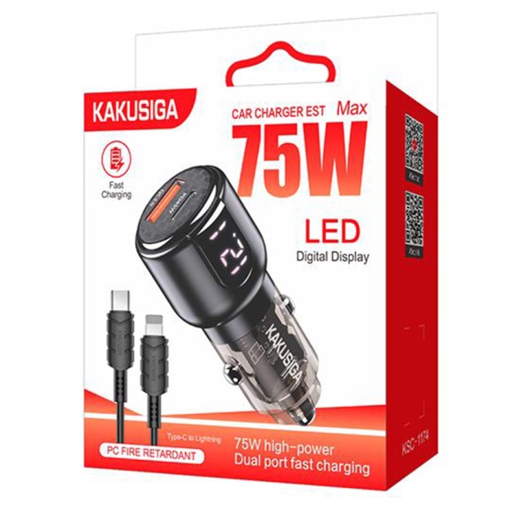 Kaku KSC-1174 - Incarcator Auto + Cablu Lightning, 75W, 1xUSB-C, 1xUSB-A, PD, QC 3.0, LED Power, Negru