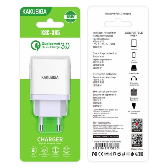 Kaku KSC-365 - Incarcator Retea, 18W, 1xUSB-A, QC 3.0, Alb