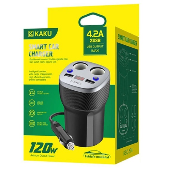 Kaku KSC-574 - Incarcator Auto + Cablu , 120W, 2xUSB-A, QC 3.0, Dual Splitter, Negru