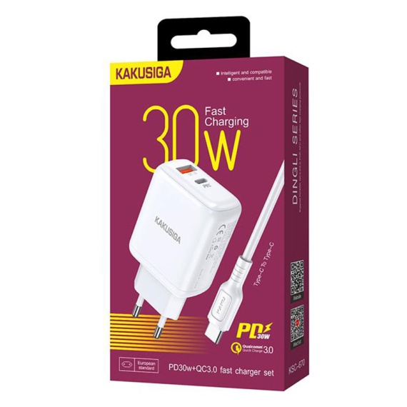 Kaku KSC-670 - Incarcator Retea + Cablu USB-C, 30W, 1xUSB-C, 1xUSB-A-A, PD, QC 3.0, Alb