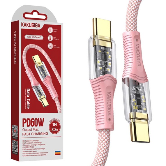 Kaku KSC-809 - Cablu Date si Incarcare, Type-C, PD60W, QC3.0, Braided, LED Power, 1m, Roz