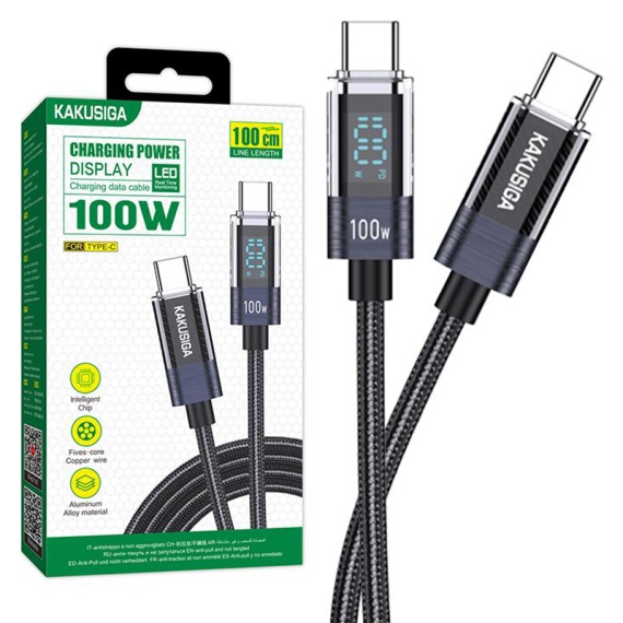 Kaku KSC-971 - Cablu Date si Incarcare, Type-C, PD100W, QC3.0, Braided, LED Power, 1m, Negru