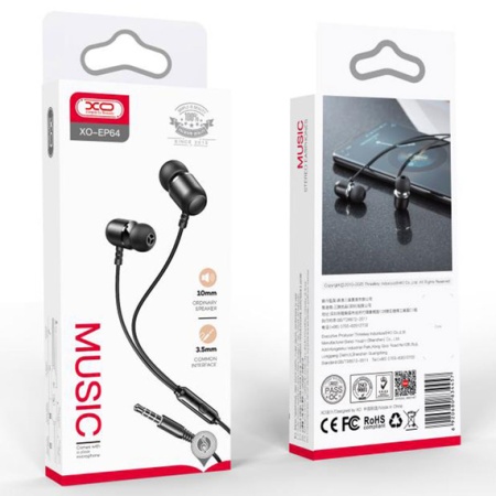 XO EP64 – Casti cu fir In Ear 3.5mm 1.2m, HiFi, microfon & control volum, negru