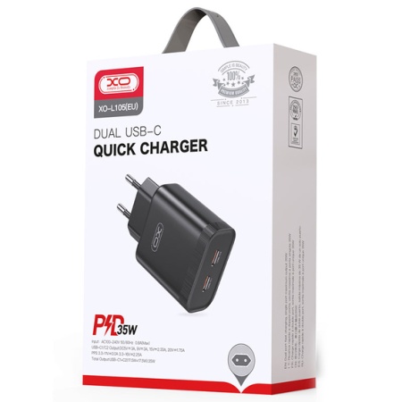 XO L105 – Incarcator retea 35W 2xType-C PD, negru