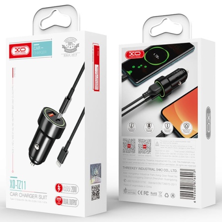 XO TZ11 – Incarcator auto 18W PD QC 3.0 cu 1xUSB-C si 1xUSB-A + cablu Lightning, negru