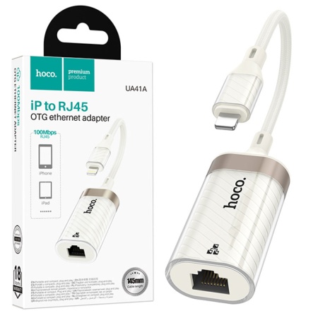 Adaptor OTG HOCO UA41A Lightning la Ethernet 100Mbps 15cm pentru transfer date si retea, alb