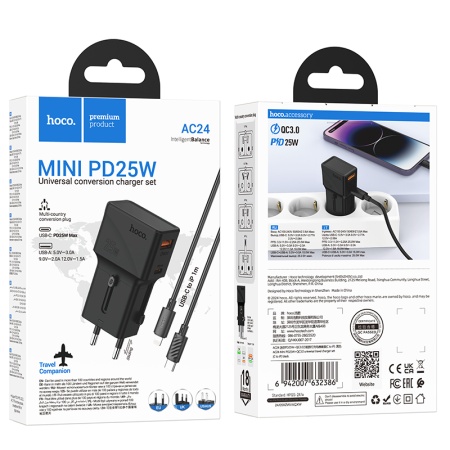 Hoco AC24 - Adaptor Priza + Cablu Lightning, 1m, Type-C 25W, Fast Charge, Negru