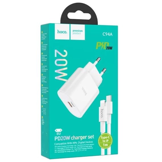 Hoco C94A - Incarcator Retea + Cablu Lightning, 1m, PD20W, 1xUSB-C, PPS/QC3.0/FCP/AFC | ALB