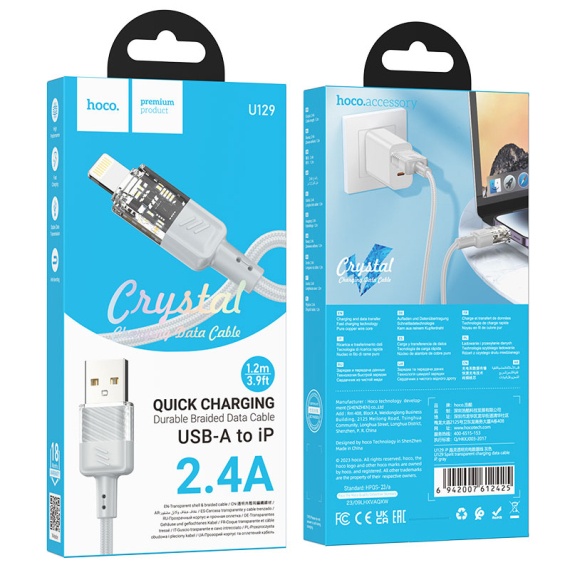 Hoco U129 - Cablu Date si Incarcare, USB la Lightning, 18W, 2.4A, Crystal, 1.2m, Gri