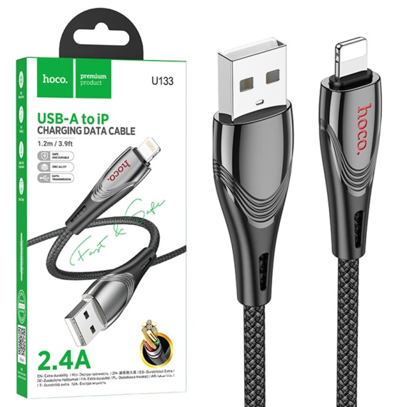 Hoco U133 - Cablu Date si Incarcare, USB la Lightning, 2.4A, Braided, 1.2m, Negru