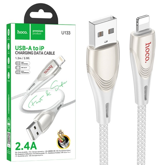 Hoco U133 - Cablu Date si Incarcare, USB la Lightning, 2.4A, Braided, 1.2m, Gri