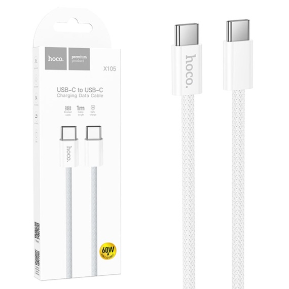 Hoco X105 - Cablu Date si Incarcare, USB-C, PD60W, QC3.0, 3A, Braided, 1m, Alb