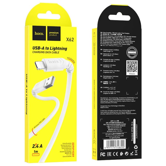 Hoco X62 - Cablu Date si Incarcare, USB la Lightning, 18W, 2.4A, 1m, Alb