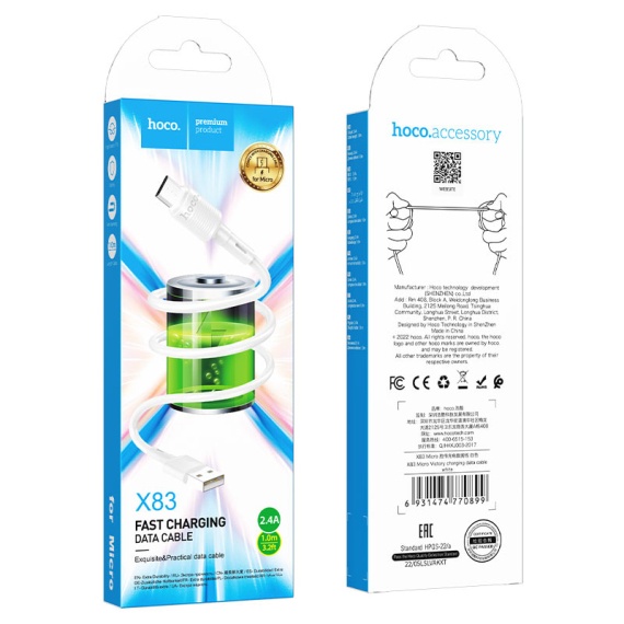 Hoco X83 - Cablu Date si Incarcare, USB la MicroUSB, 18W, 2.4A, 1m, Alb