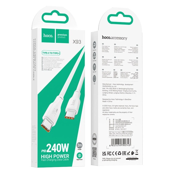 Hoco X93 - Cablu Date si Incarcare, USB-C, PD60W, QC3.0, 2m, Alb